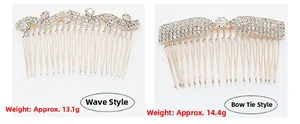 Macro view of gold rhinestone hair combs in wave and bowknot designs with weight specs