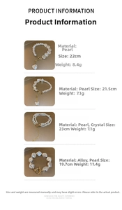 Detailed view of four pearl bracelets with T-bar clasps and various heart charms