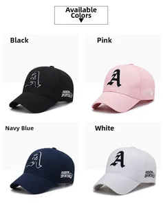 Collage of baseball caps in black, pink, navy, and white with 3D letter A embroidery
