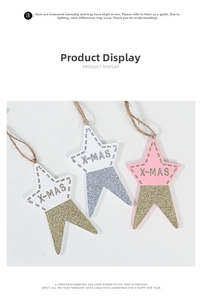 Detail of wooden Christmas stars with X-MAS lettering and hanging twine ropes