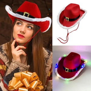 Red LED light-up Christmas cowboy hat with plush white fur trim and festive gold buckle