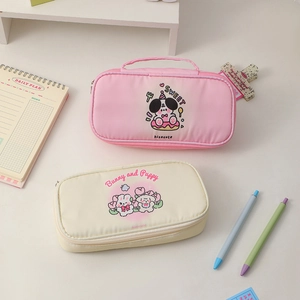 Cute large capacity portable pencil case for students in pink and beige canvas with handle