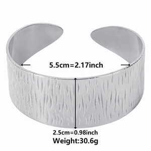 Silver stainless steel C-shape heart cuff bracelet with size and weight measurements