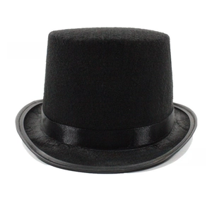 Detailed view of black felt top hat featuring a smooth crown and elegant ribbon band