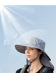 Detailansicht grauer Outdoor-Sonnenhut mit breiter Krempe, Mesh-Gewebe und Nackenschutz-Tuch