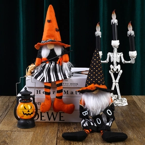 Halloween gnomes set with witch hats, glowing pumpkin lantern and skeleton candle holder