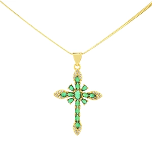 Vintage 18K gold plated cross pendant necklace with green emerald zircons and snake chain