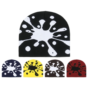 Winter knitted beanie featuring artistic ink splash patterns in multiple color options