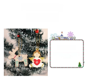 Close-up of wooden reindeer and angel ornaments with bright colors hanging on Christmas tree