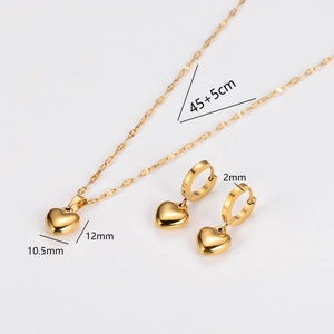 Golden stainless steel jewelry set with heart pendants and 45cm necklace chain