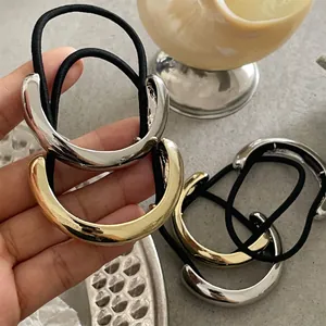Minimalist Mirror Alloy Semi Circle Ponytail Holder Hair Tie Elastic Band For Women High Polish Metallic Finish