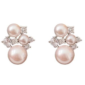 Elegant floral stud earrings featuring pink pearls and brilliant cubic zirconia clusters