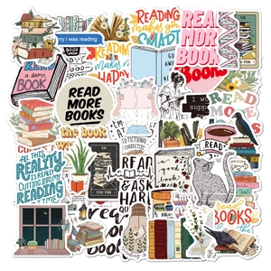 Variety pack of waterproof book-themed stickers with various reading slogans and designs