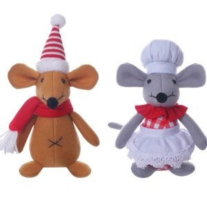 Christmas mouse plush dolls set featuring festive brown and grey chef outfits on white background