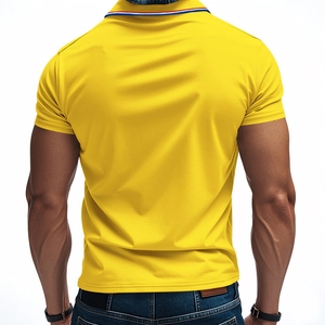 Detail view of yellow slim-fit polo shirt collar with red, white, and blue stripe accents
