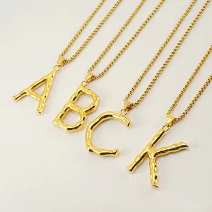 Stainless Steel Letter Pendant Necklace 18K Gold Plated Bamboo Texture Hip Hop Style Alphabet Jewelry For Men Women