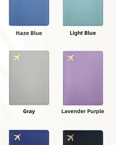 Detailed grid of textured leather passport holders in blue, grey, and purple colors
