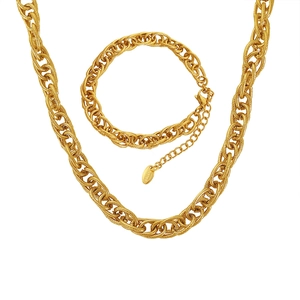 Hip hop style gold brushed stainless steel heavy chain necklace and bracelet jewelry set