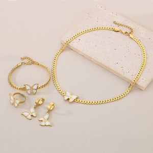 Elegant 18k gold plated Cuban chain jewelry set with white butterfly shell inlay pendants