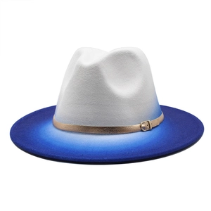 Chapeau fedora en laine dégradé blanc et bleu avec boucle dorée pour hommes et femmes