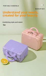 Detail of portable pink and purple 14-inch hard shell cosmetic cases with vertical grooves