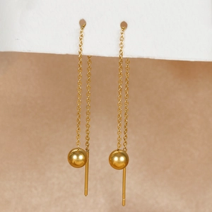 Minimalist stainless steel long tassel earrings with polished gold beads and fine chain link