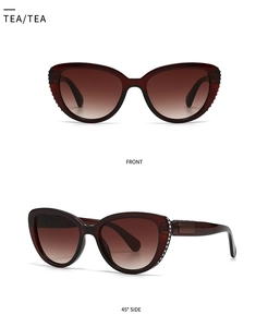 Detailed views of tea gradient cat-eye sunglasses with rhinestone-encrusted temples