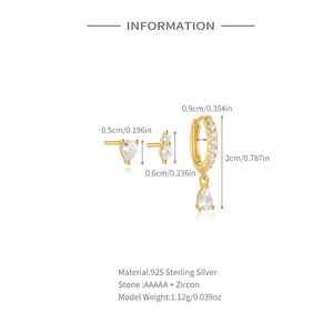 Detailed spec chart of gold S925 silver stud earring set with cubic zirconia size info