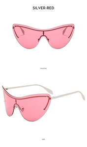Detailed front and side views of silver-red rimless cat eye sunglasses with metal frame
