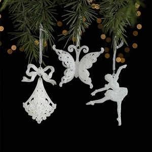 Sparkling white Christmas tree ornaments set with butterfly and ballerina hanging charms