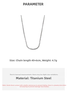 Detailed specs of titanium steel necklace showing 40 plus 6cm chain length and 4.7g weight