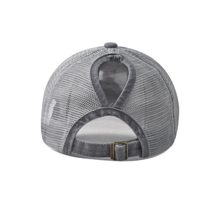 Rear view of grey ponytail baseball cap with mesh fabric and metal adjustable buckle