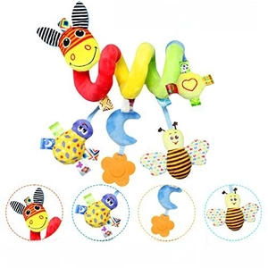 Colorful plush spiral baby stroller toy with teething moon and butterfly figurines