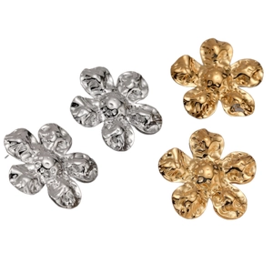 316L stainless steel pleated flower earrings in gold and silver with lava texture