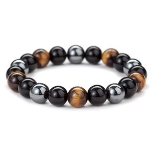 Bracelet extensible en perles d'œil de tigre et obsidienne avec hématite
