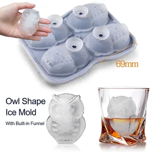 Blue silicone owl ice cube mold with 4-cavity design and funnel for home use