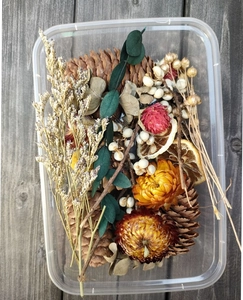 Macro detail of Christmas dried flower set with pine cones and eucalyptus leaves in a box