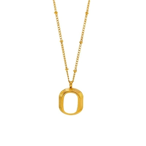 Gold plated stainless steel necklace featuring a vertical textured letter O pendant