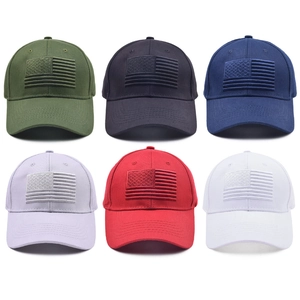 Embroidered American flag baseball caps in multiple colors on a clean white background