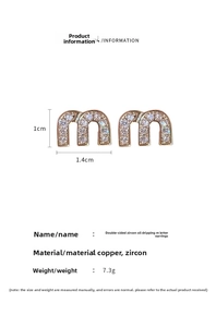 Detailed size specifications of the rose gold M-letter earrings with white cubic zirconia