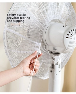 Detail showing high-density white mesh fan cover with adjustable safety buckle and drawstring