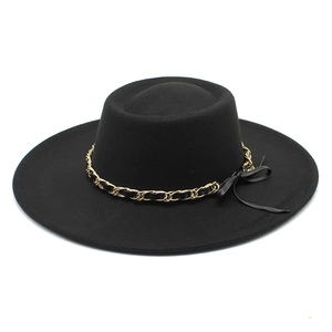 Classic black wide brim flat top wool felt hat with gold chain and bow decoration