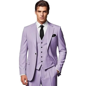Slim fit lavender men's three-piece suit including jacket, vest, and matching trousers
