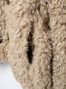 Close-up of beige fleece jacket showing high-quality teddy plush fabric and pocket stitching