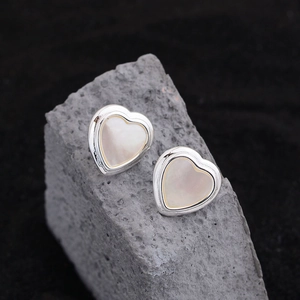 Heart Stud Earrings Silver Plated Copper Mother Of Artificial Pearl Inlay Elegant Minimalist Style Jewelry For Women