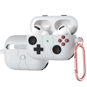 White game controller shaped silicone case for AirPods Pro with pink carabiner