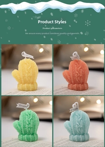 Detailed view of glove-shaped candles featuring realistic knitted wool texture and labels