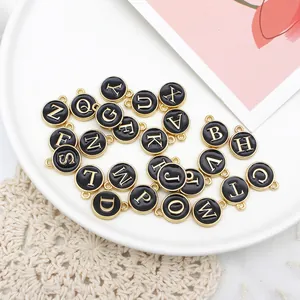 Round Alphabet Letter Charms Enamel Alloy Gold Plated Double Sided Initial Pendants For DIY Jewelry Making Bracelet Craft