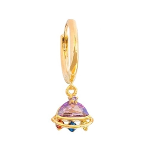 Detail of 18K gold planet hoop earrings featuring colorful zircons and Saturn charms