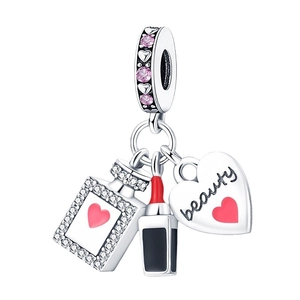 Silver plated jewelry charm set featuring lipstick, perfume bottle, and heart pendant